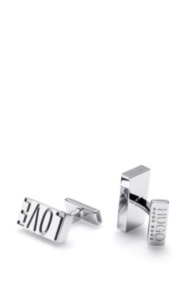 Rectangular &lsquo;Love You&rsquo; cufflinks in polished metal, Silver