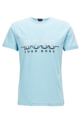 Crew-neck T-shirt in cotton with flock-print logo, Dark Blue