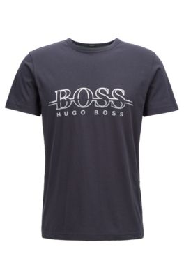 Crew-neck T-shirt in cotton with flock-print logo, Dark Blue