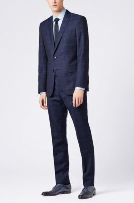 Slim-fit suit in plain-check virgin wool, Open Blue
