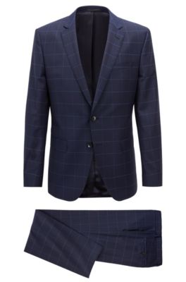 Slim-fit suit in plain-check virgin wool, Open Blue