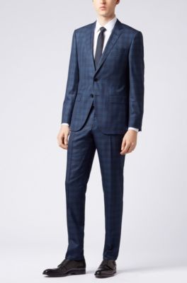 Slim-fit suit in a checked virgin-wool blend, Open Blue