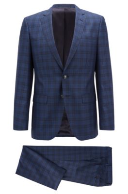 Slim-fit suit in a checked virgin-wool blend, Open Blue