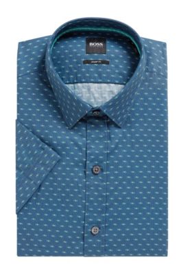 BOSS - Slim-fit shirt in printed cotton poplin - Open Blue