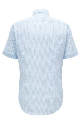Slim-fit shirt in flamingo-print Italian cotton, Open Blue