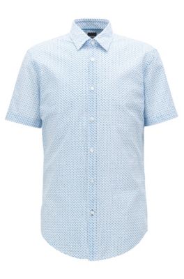 Slim-fit shirt in flamingo-print Italian cotton, Open Blue