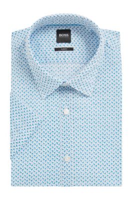 Slim-fit shirt in flamingo-print Italian cotton, Open Blue