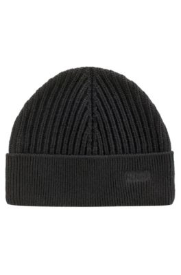 Ribbed merino-wool beanie hat with logo embroidery, Black