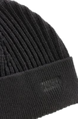 Ribbed merino-wool beanie hat with logo embroidery, Black