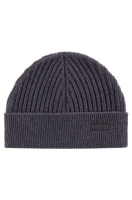 Ribbed merino-wool beanie hat with logo embroidery, Charcoal