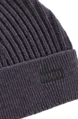 Ribbed merino-wool beanie hat with logo embroidery, Charcoal