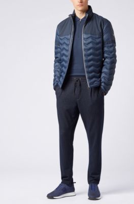 Zip-front polo shirt in cotton with tonal stripes, Dark Blue