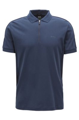 Zip-front polo shirt in cotton with tonal stripes, Dark Blue