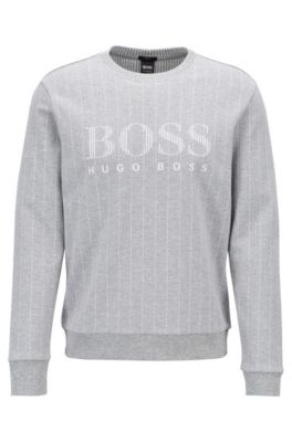 Slim-fit sweatshirt with flock-print logo and pinstripe, Light Grey