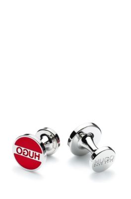 Hugo Boss - Round Cufflinks In Brass With Logo And Colored Enamel - Red