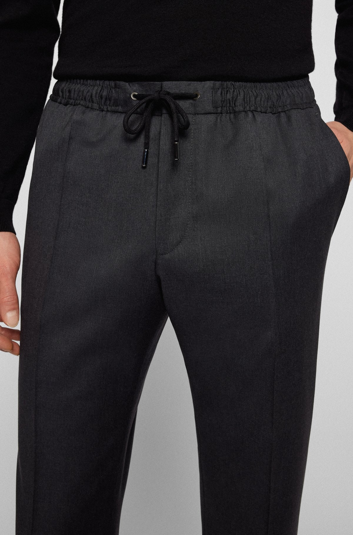 BOSS - Slim-fit pants in virgin wool with drawstring waist