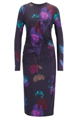 Hugo Boss - Long Sleeved Patterned Dress With Gathered Waist - Patterned
