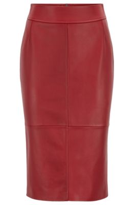 Hugo Boss - Regular Fit Pencil Skirt In Lambskin - Dark Red