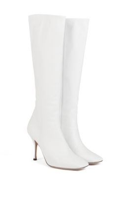 Hugo Boss - Knee Boots In Italian Lamb Leather With Sculpted Heel - White
