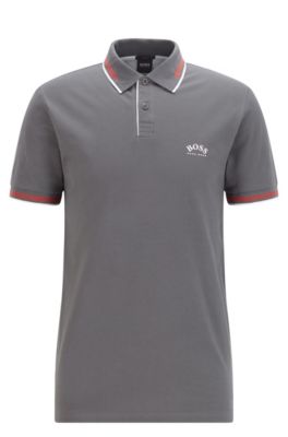 Hugo Boss - Slim Fit Polo Shirt In Stretch Piqu With Curved Logo - Dark Grey