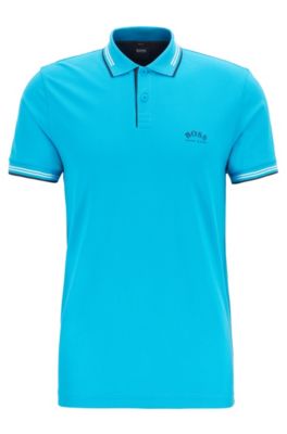 Hugo Boss Slim-fit Polo Shirt In Stretch Piqu With Curved Logo In Light Blue