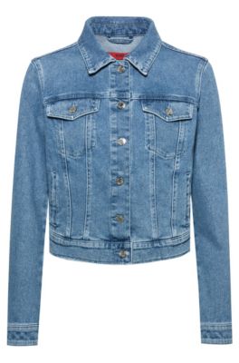 Hugo Regular-fit Jacket In Stretch Denim With Chest Pockets In Turquoise