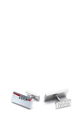 Hugo Boss - Rectangular Cufflinks With Logo Stripe Design - Silver