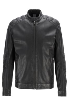 Hugo Boss Leather Biker Jacket With Quilted Panels In Black | ModeSens