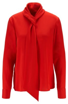 Hugo Boss Crepe-de-chine Blouse With Tie Neckline In Red