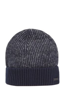 Hugo Boss Two-tone Rib-knit Beanie Hat With Textured Wool In Dark Blue