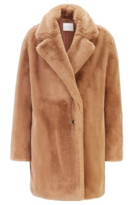 Hugo Boss - Oversized-fit Double-breasted Coat In Faux Fur - Light Brown