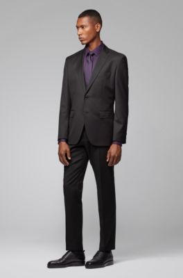 dark purple shirt grey pants