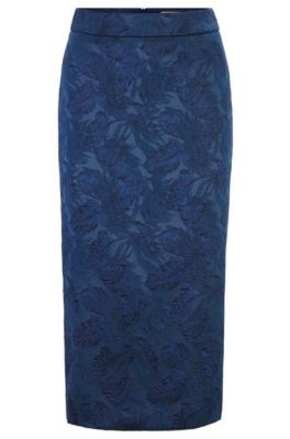 Hugo Boss Midi-length Pencil Skirt In Jacquard-woven Floral Fabric In Blue