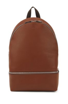 Hugo Boss Backpack In Grained Italian Leather With Interior Organizer In Light Brown