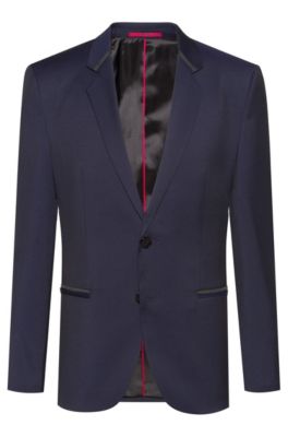 Hugo Slim-fit Jacket In Windowpane-check Virgin Wool In Dark Blue