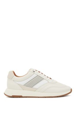 Hugo Boss - Mixed Leather Sneakers With Injected Monogram Motif - White