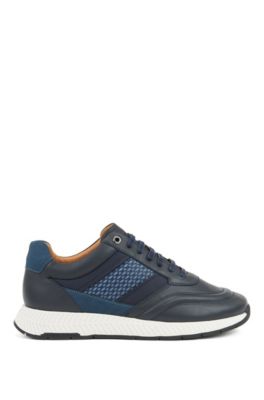Hugo Boss - Mixed Leather Sneakers With Injected Monogram Motif - Dark Blue