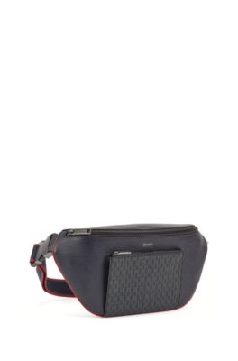 Belt bag in Italian monogram fabric and embossed leather, Dark Blue