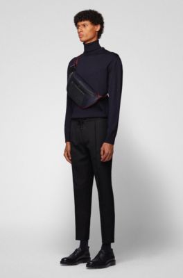 Belt bag in Italian monogram fabric and embossed leather, Dark Blue