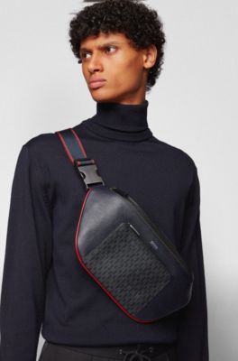 Belt bag in Italian monogram fabric and embossed leather, Dark Blue