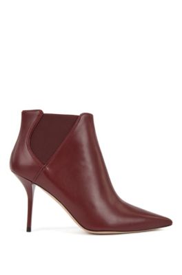 Hugo Boss - High Heeled Ankle Boots In Leather With Elastic Panels - Dark Red