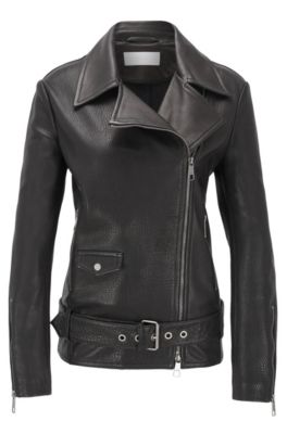 Hugo Boss Relaxed-fit Jacket In Mixed Leathers With Asymmetric Zip In Black