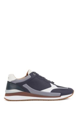 Running-inspired trainers in leather with monogram panels, Open Blue