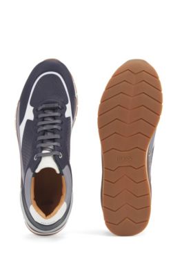 Running-inspired trainers in leather with monogram panels, Open Blue
