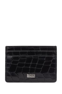 Card holder in crocodile-embossed Italian leather, Black