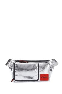 Reverse-logo belt bag in laminated-effect silver fabric, Silver