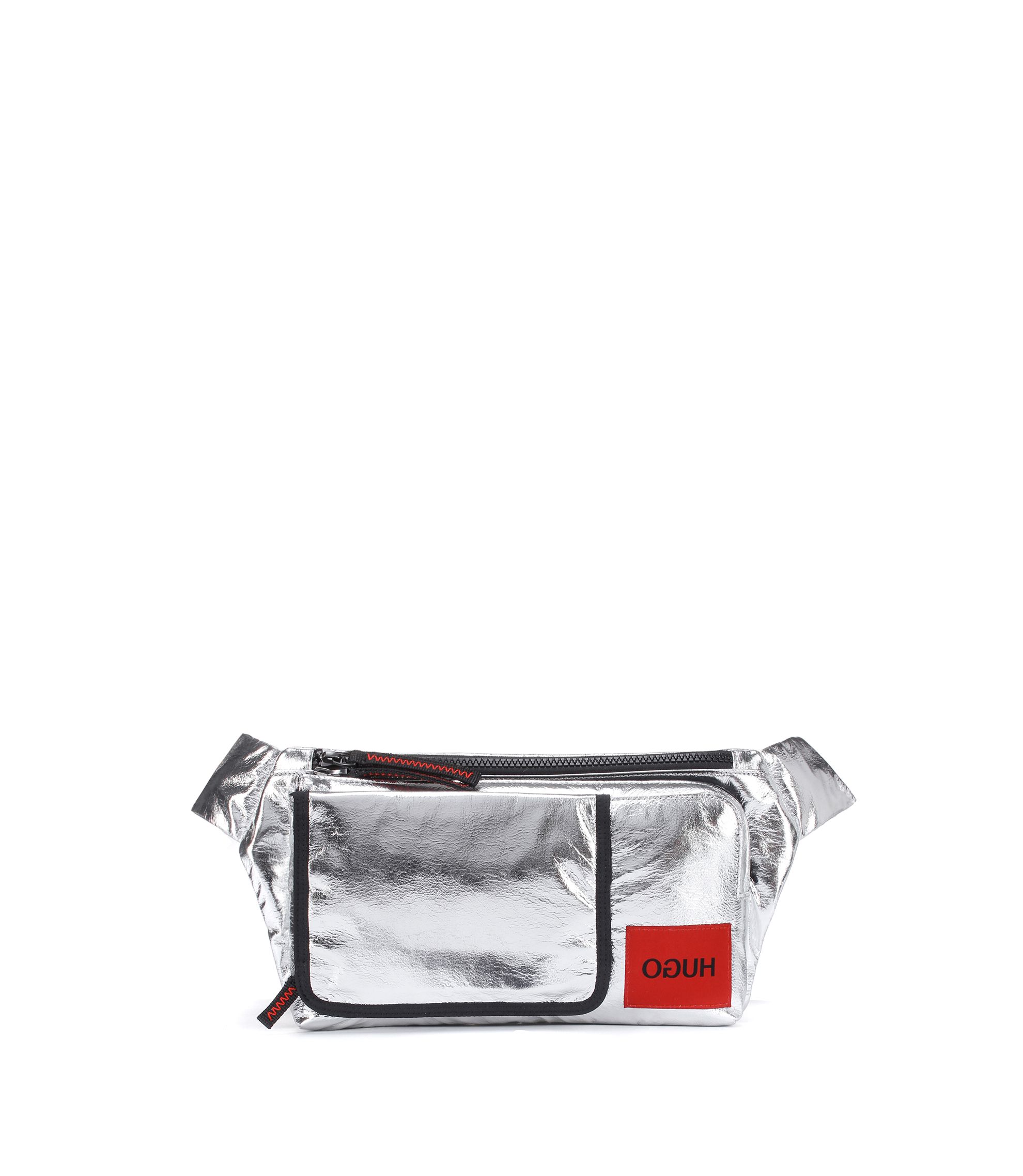 HUGO - Reverse-logo belt bag in laminated-effect silver fabric