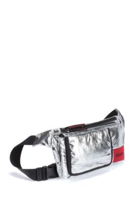 Reverse-logo belt bag in laminated-effect silver fabric, Silver