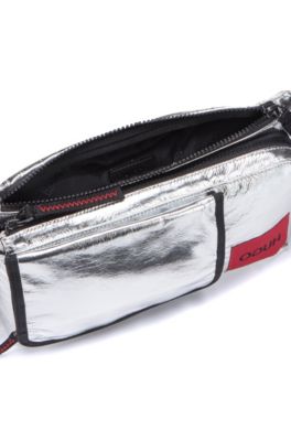 Reverse-logo belt bag in laminated-effect silver fabric, Silver
