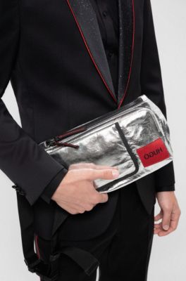 Reverse-logo belt bag in laminated-effect silver fabric, Silver